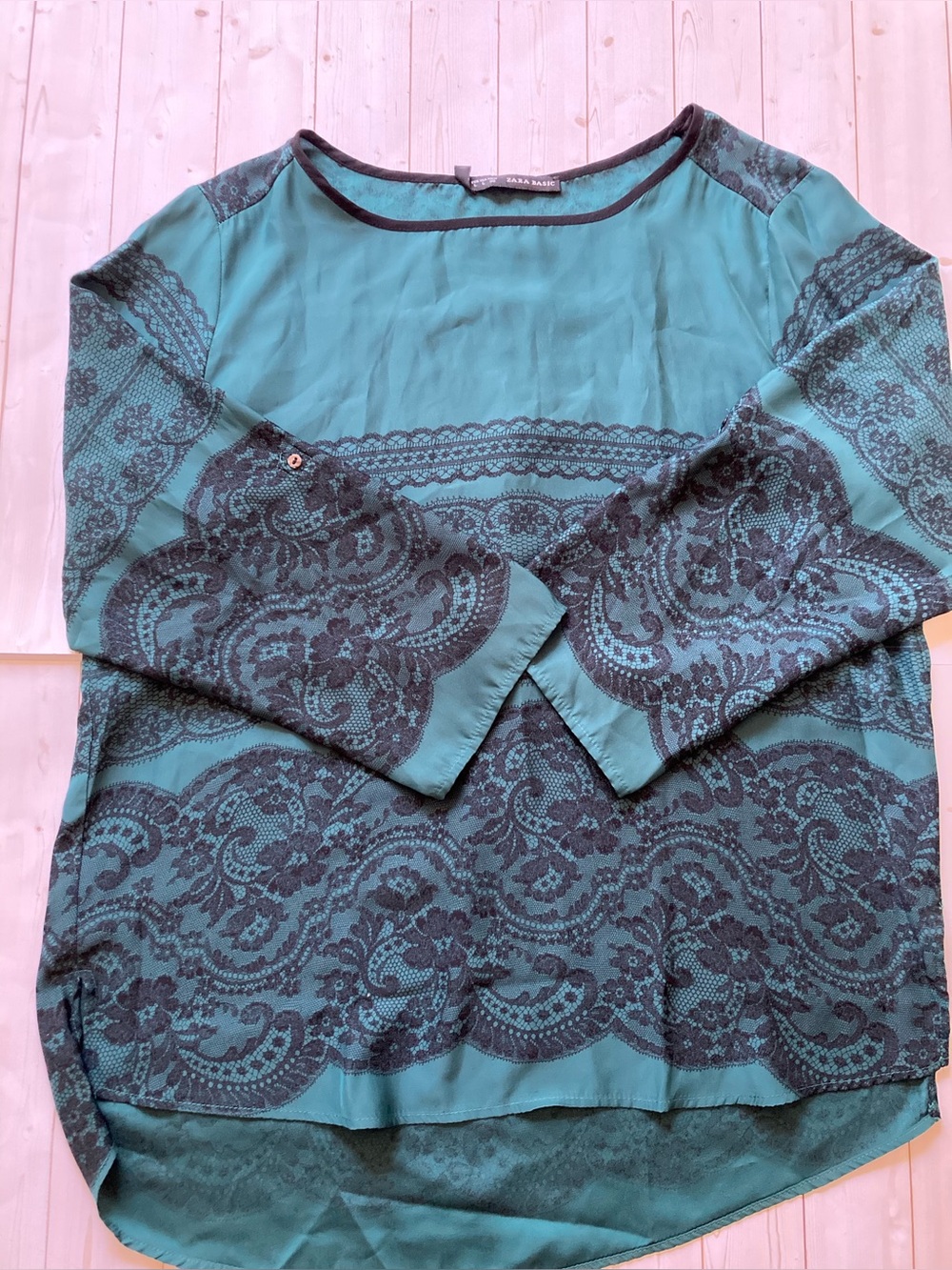 Zara Basic Women’s L Green Paisley Blouse Long Sleeve Boho Tunic Top